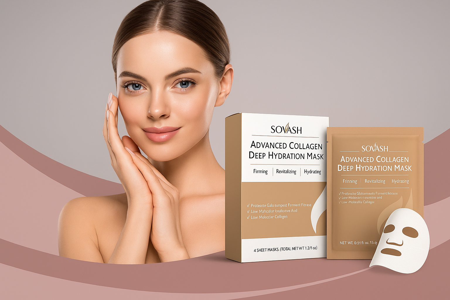 Model applying SOVASH Advanced Collagen Deep Hydration Mask – luxury skincare product