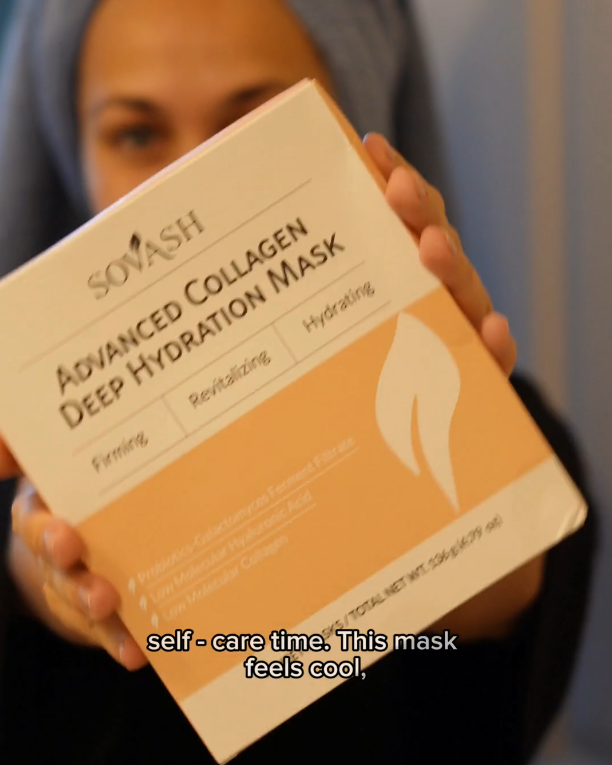 Person holding a box of SOWASH Advanced Collagen Deep Hydration Mask with text overlay.