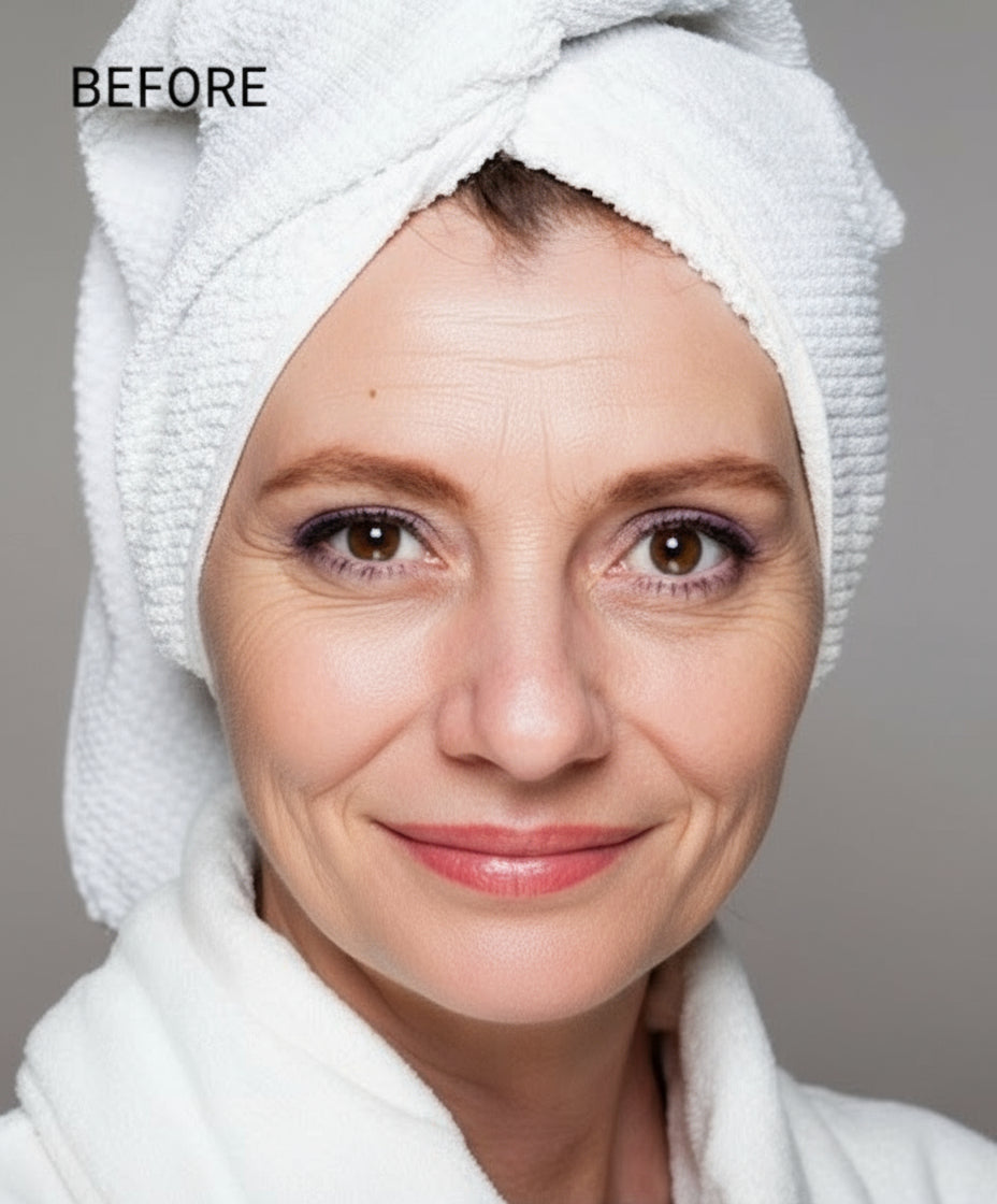 Woman with a white towel wrapped around her head against a gray background
